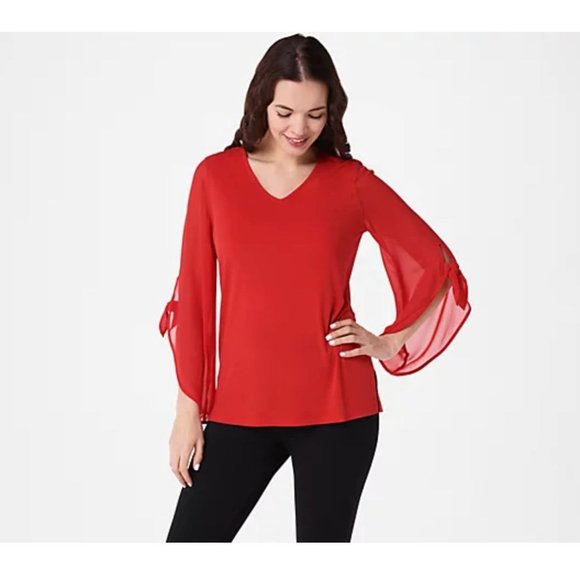 Susan Graver Liquid Knit Top with Chiffon Sleeves Rust S - Picture 4 of 4